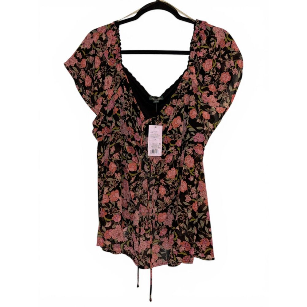 217 Floral Corset Babydoll Top XXL Pink Rose Print Lace Trim Tie High Low Hem